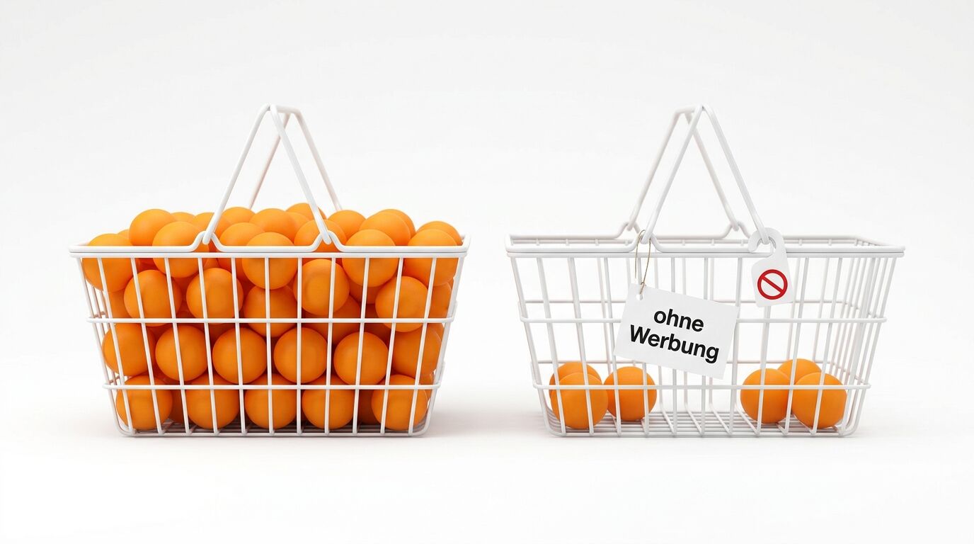 Zwei Körbe: voller links, leerer rechts mit Schild „ohne Werbung“ und Verbotsschild