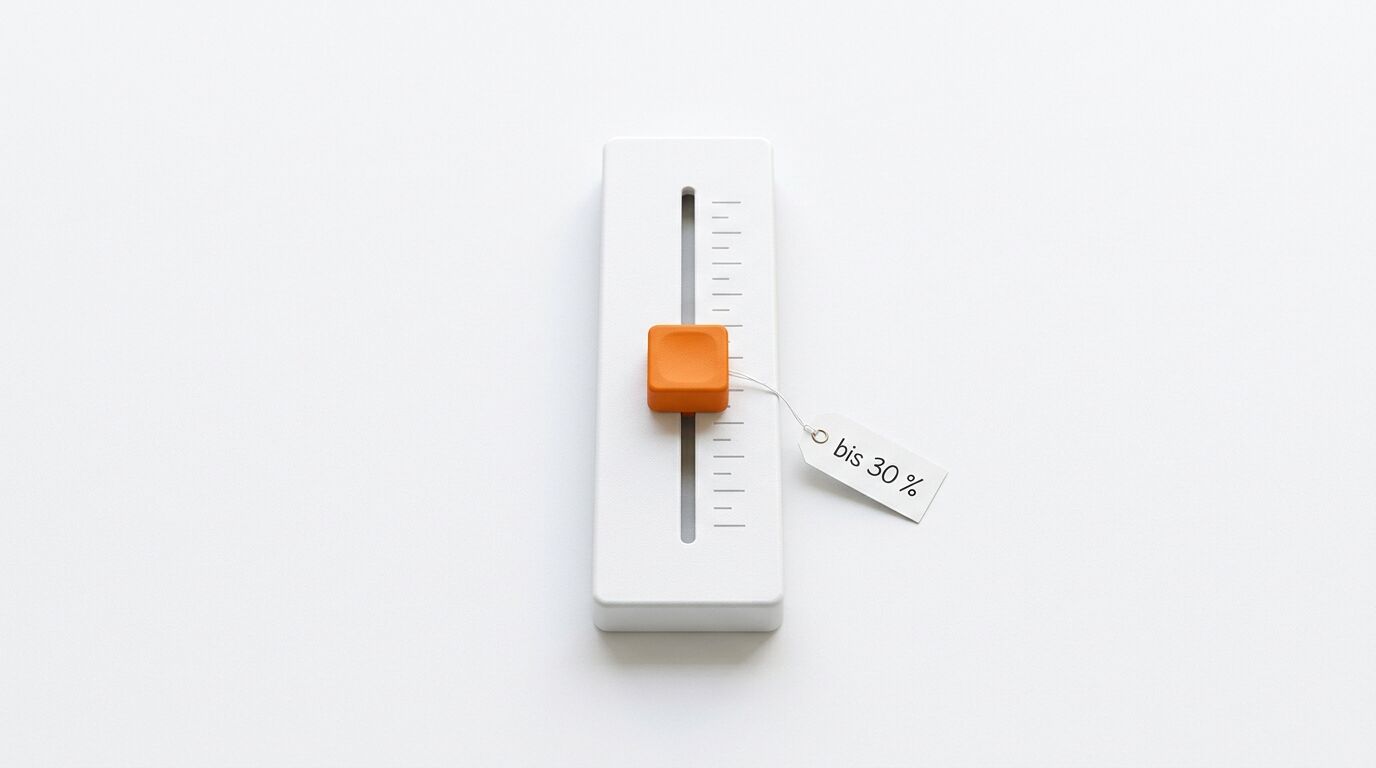Ein weißer Schieberegler mit orangem Knopf und einem Preisschild mit der Aufschrift „bis 30 %“