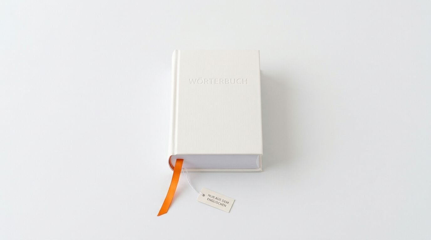 Cremefarbenes „Wörterbuch“ mit orangefarbenem Leseband und Anhänger auf weißem Grund