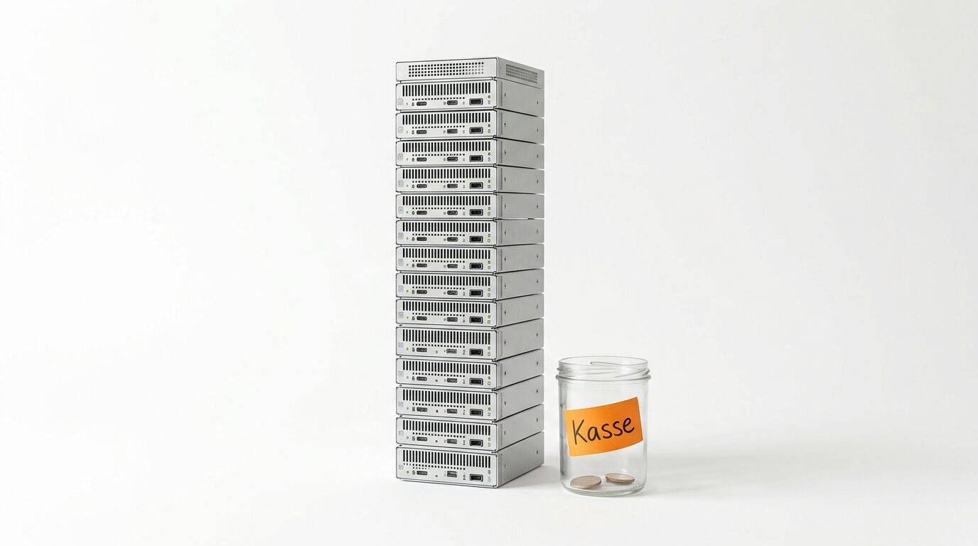 Stapel silberner Rack-Server neben Sparglas mit Aufschrift „Kasse“ auf weißem Hintergrund