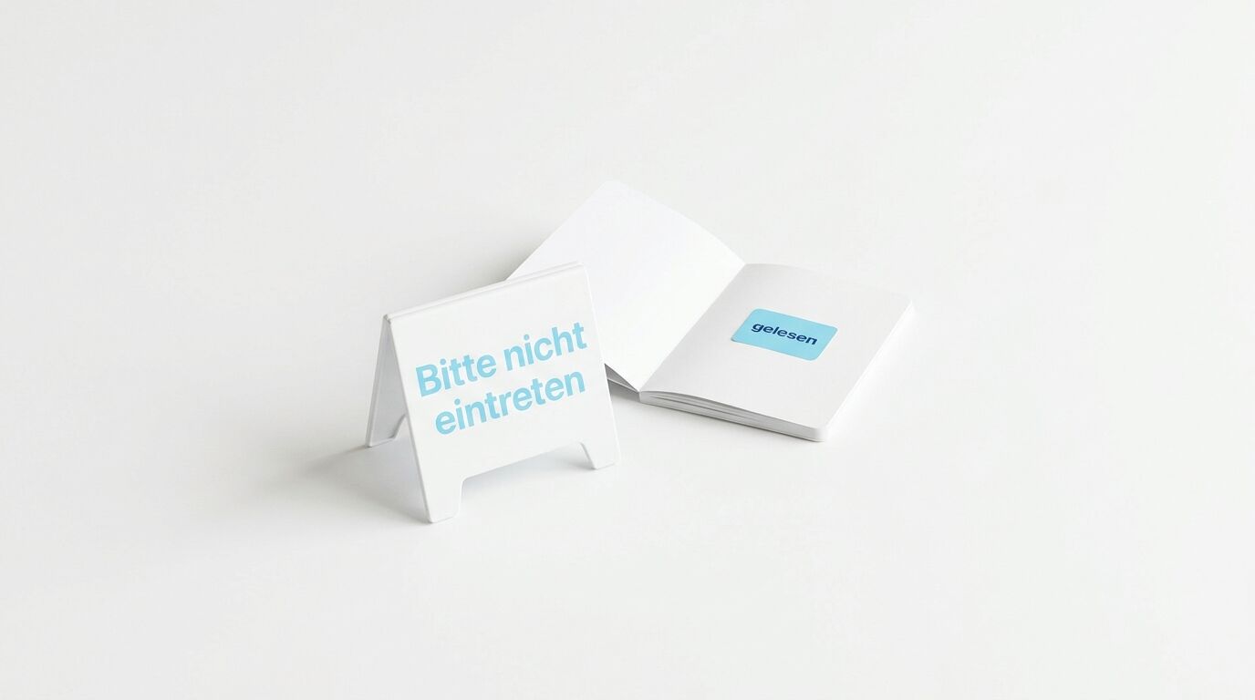Aufsteller „Bitte nicht eintreten“ und Heft „gelesen“ auf weißem Grund