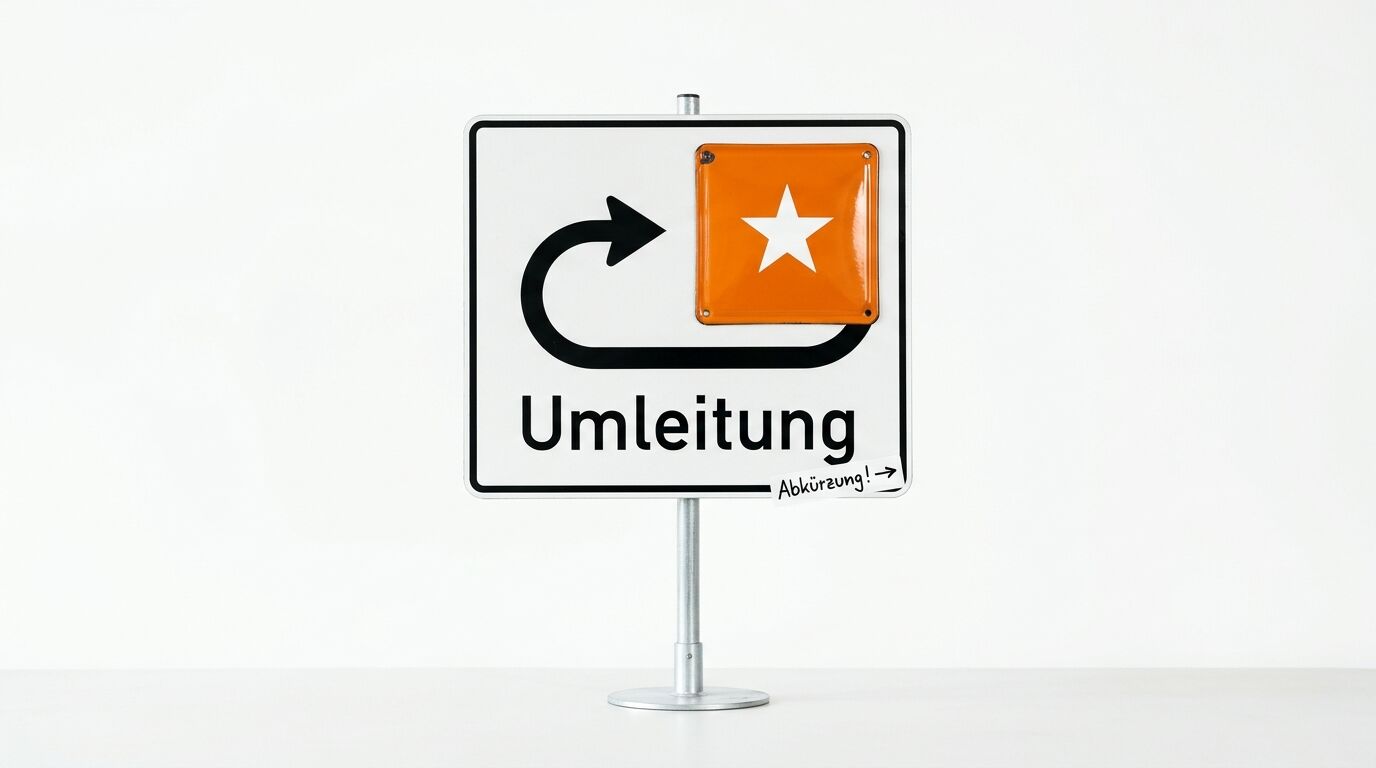 Umleitungsschild mit Sternenplakette, U-Turn-Pfeil und Aufkleber „Abkürzung! ->“