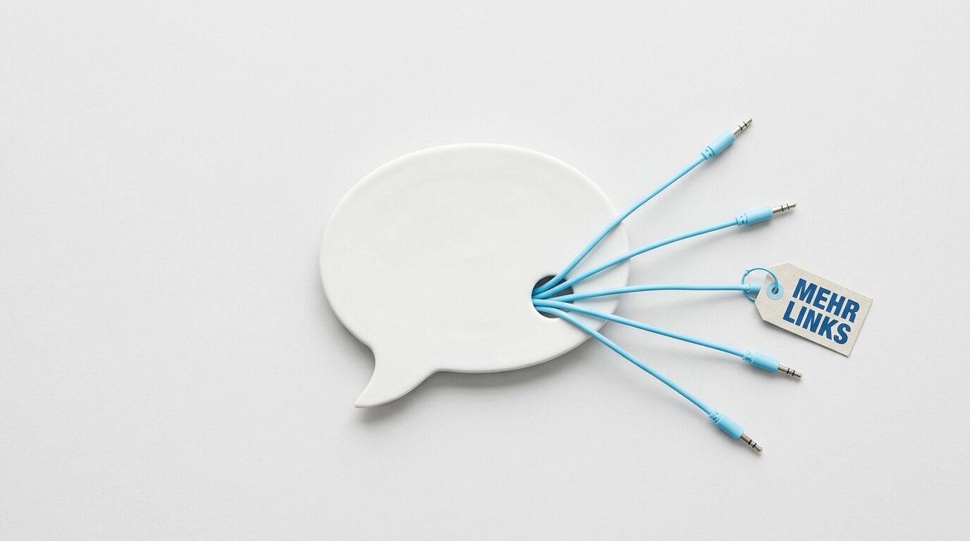 Draufsicht einer Sprechblase, aus der vier hellblaue Audiokabel mit einem „Mehr Links“-Anhänger herausführen