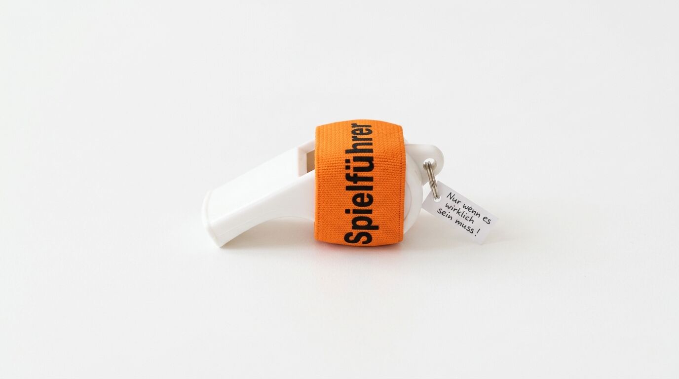 Pfeife mit orangefarbenem Band mit Aufschrift Spielführer und Anhänger