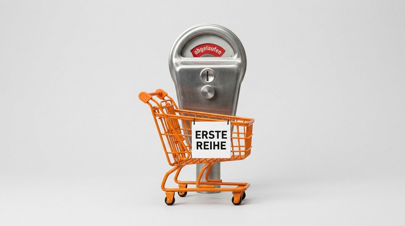 Hinter einer Parkuhr steht ein kleiner, oranger Einkaufswagen vor grauem Hintergrund
