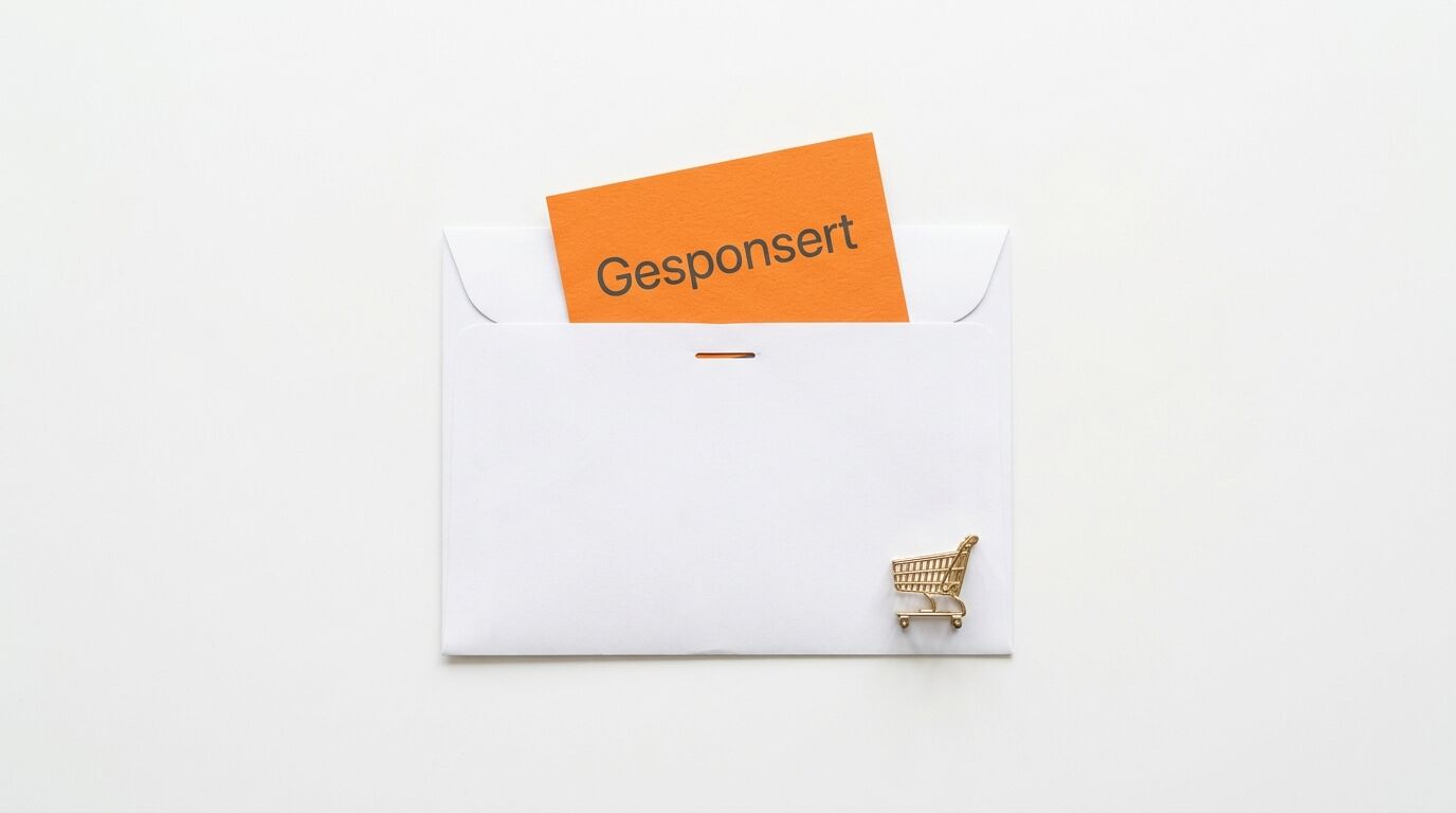 Weißer Umschlag mit orangefarbener Karte „Gesponsert“ und Mini-Einkaufswagen