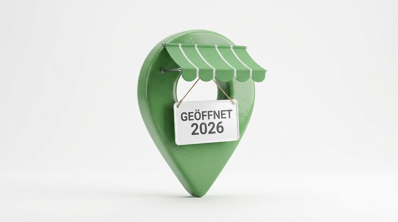Grüner Standort-Pin mit Markise und Schild „GEÖFFNET 2026“ auf weißem Grund