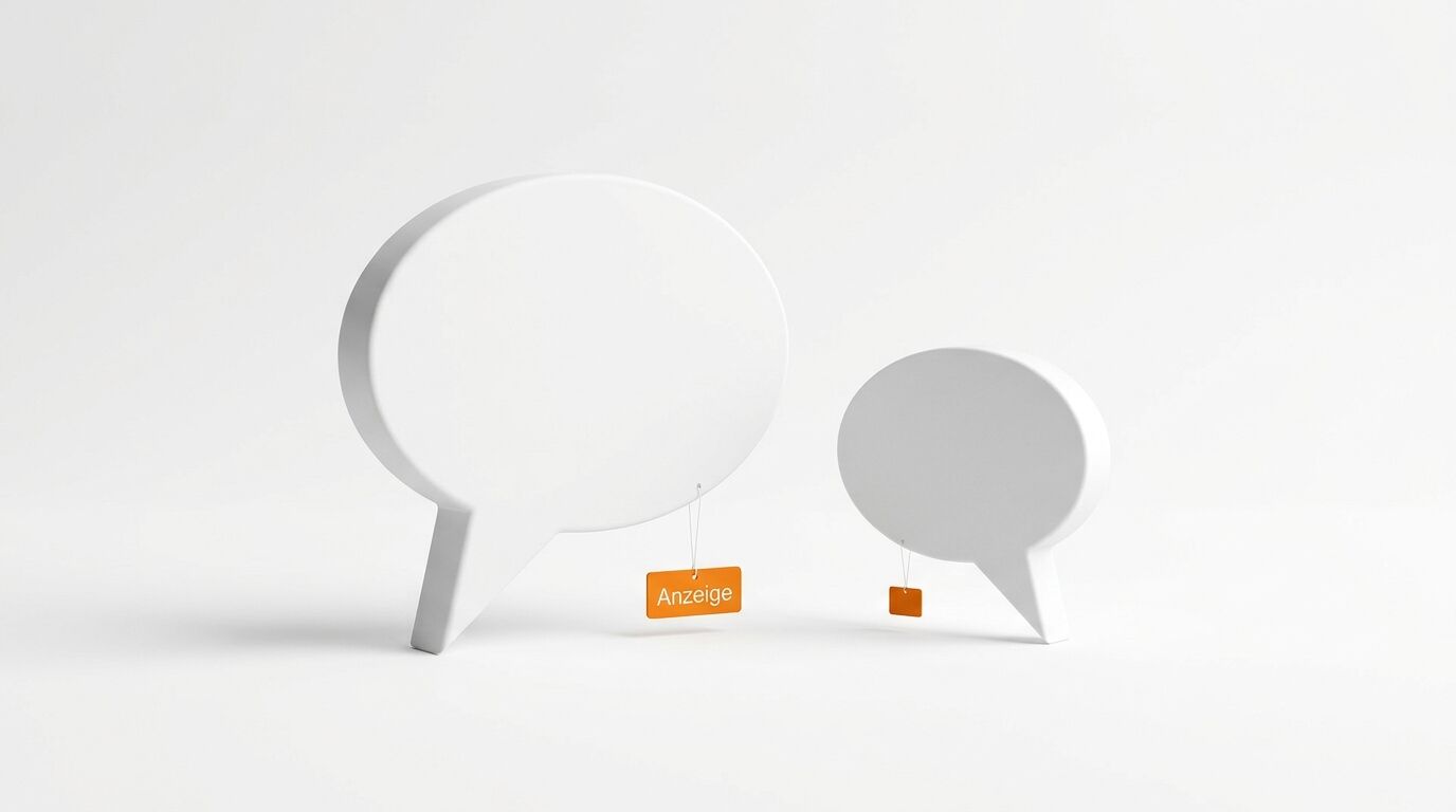 Zwei weiße 3D-Sprechblasen auf grauem Grund, daran hängen zwei orangefarbene Etiketten mit „Anzeige“