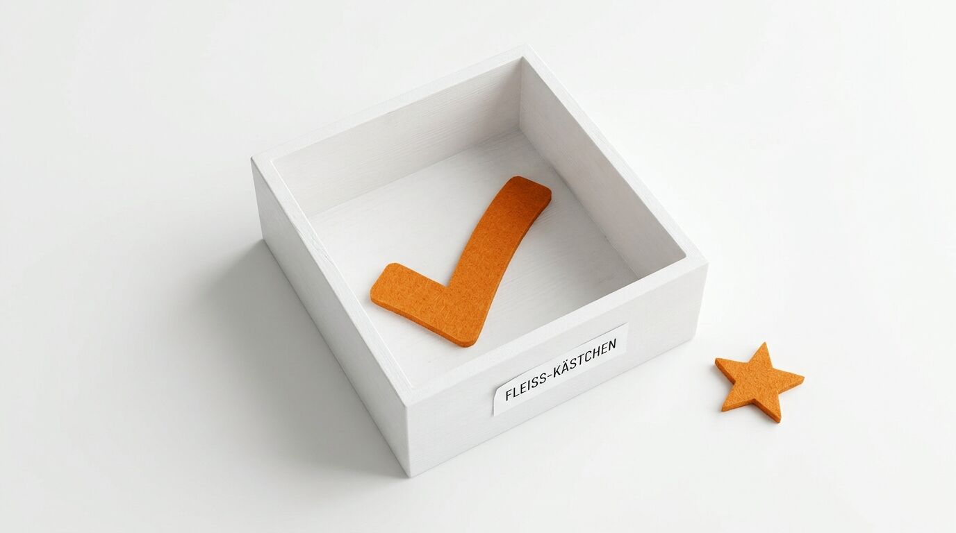 Weiße Holzbox mit orangefarbenem Filz-Haken, Beschriftung „FLEISS-KÄSTCHEN“ und Filz-Stern