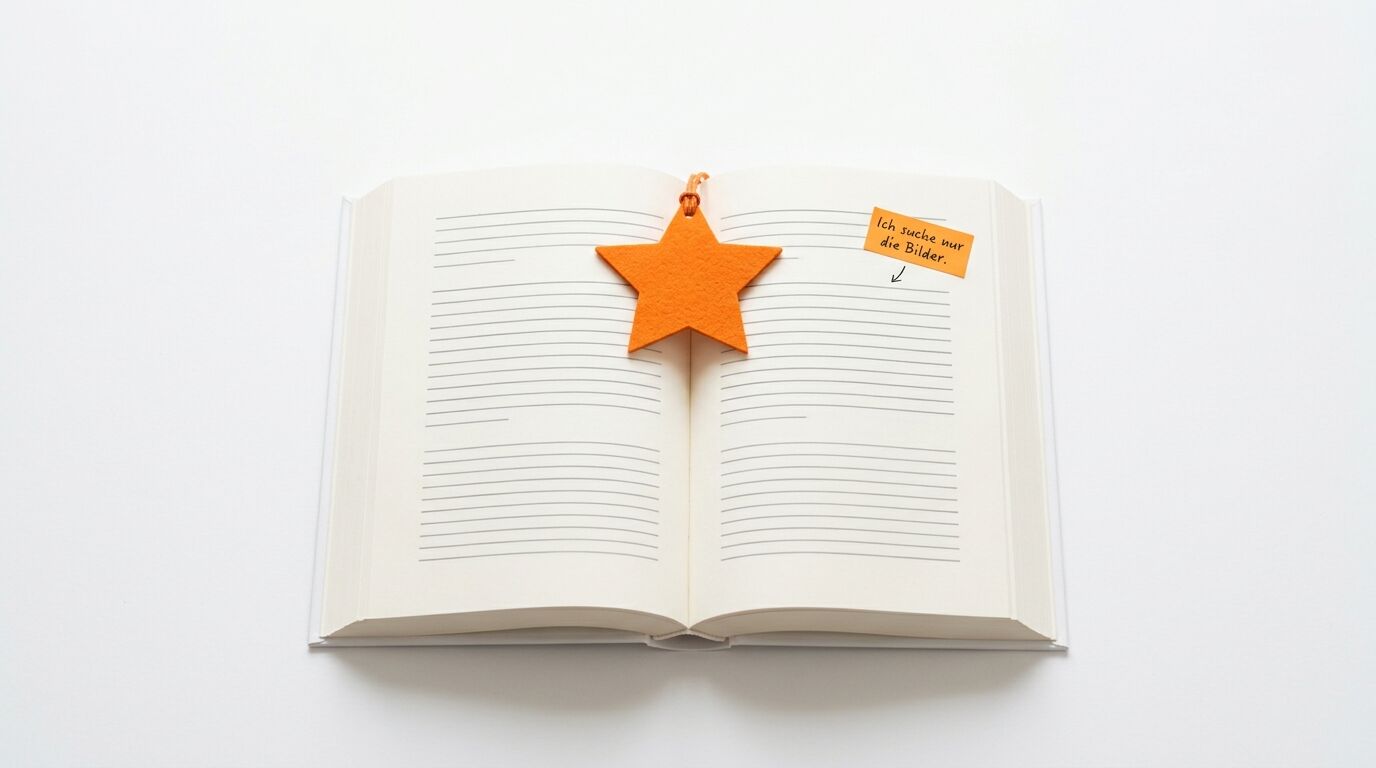 Offenes Buch, leer, linierte Seiten. Ein orangefarbener Filzstern und ein Notizzettel mit Pfeil