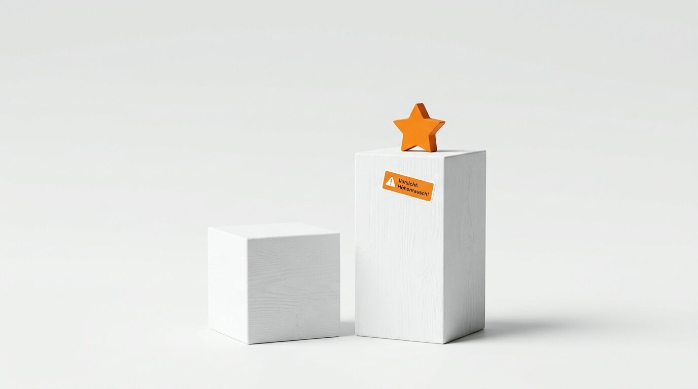 Zwei weiße Holzblöcke, einer hoch mit orangem Stern und Warnsticker vor weißem Hintergrund