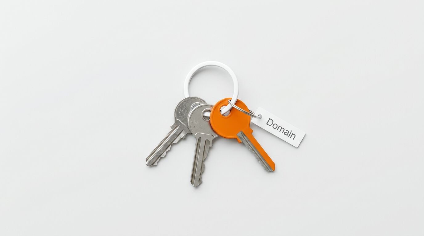 Drei Schlüssel an weißem Ring, einer orange mit Anhänger „Domain“ auf grauem Grund