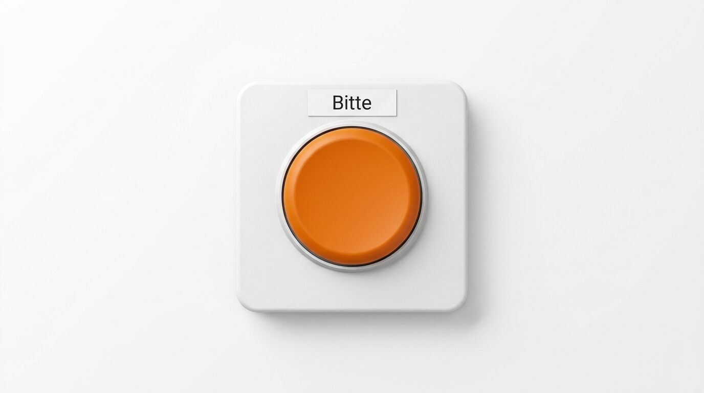 Quadratischer Schalter mit einem großen orangen Druckknopf und der Aufschrift „Bitte“