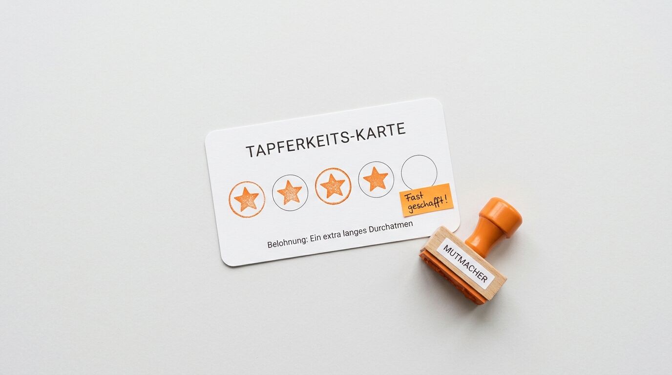 Eine Tapferkeitskarte mit Sternenaufdruck und ein Mutmacher-Stempel auf weißem Grund