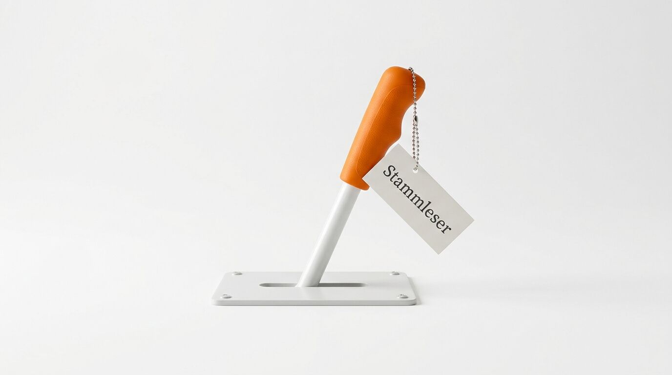 Ein Hebel mit orangem Griff und dem Schild „Stammleser“ vor weißem Hintergrund