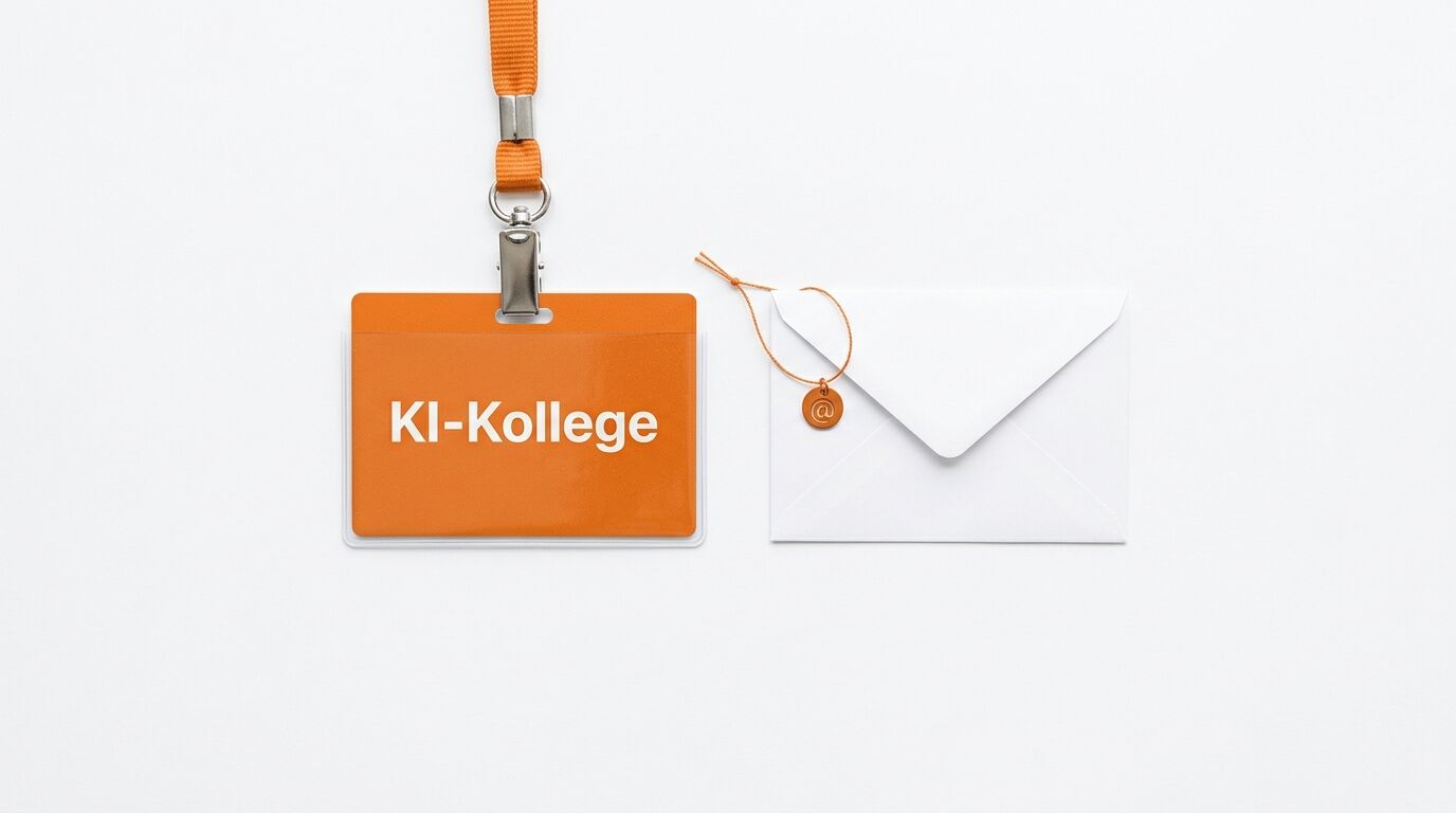 Ein oranges Lanyard mit „KI-Kollege“ Ausweis und ein Briefumschlag mit Anhänger auf Weiß