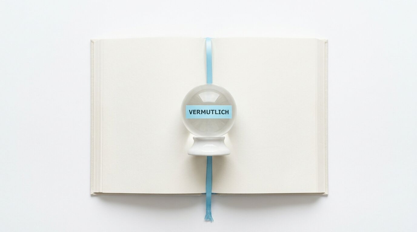 Offenes Buch mit Glaskugel und Text „VERMUTLICH“ auf hellgrauem Grund