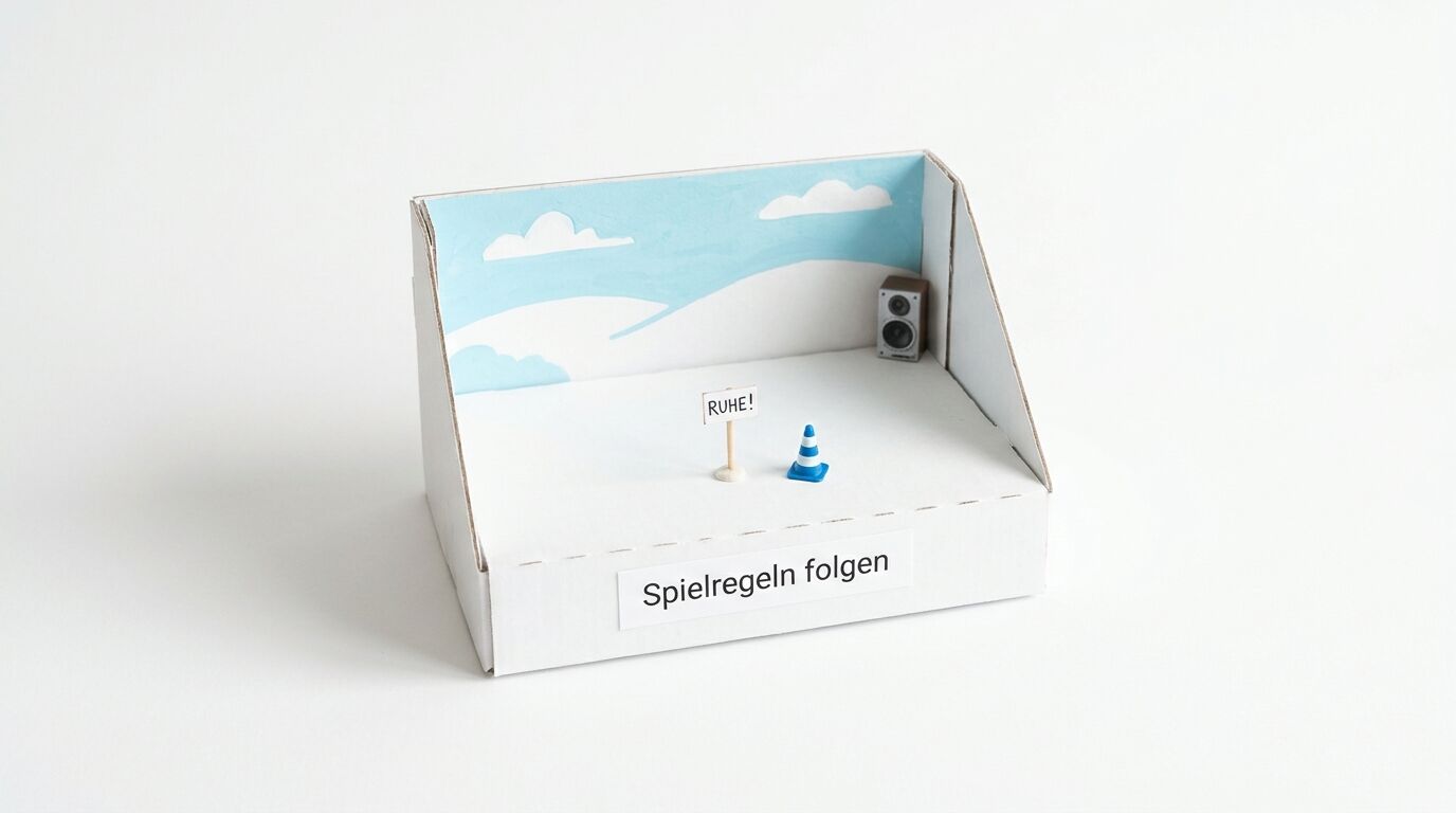 Kartonmodell mit Schild „RUHE!“, Kegel, Lautsprecher und Text „Spielregeln folgen“