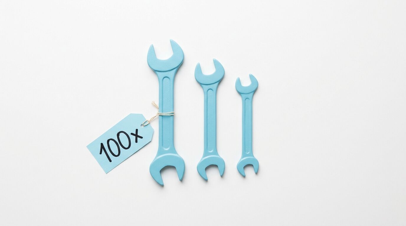 Drei hellblaue Schraubenschlüssel mit einem Preisschild mit der Aufschrift „100x“ auf weißem Hintergrund