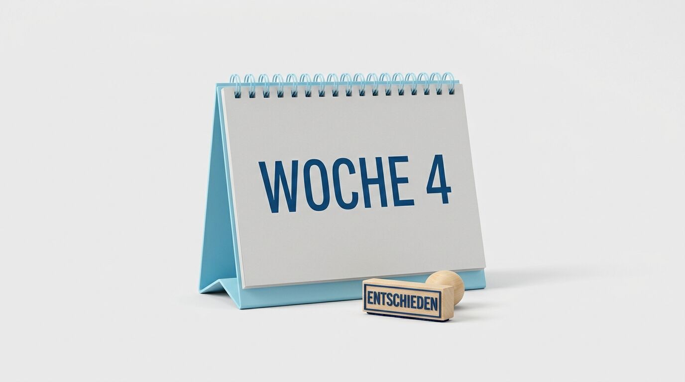 Tischkalender mit Text 'WOCHE 4' und Holzstempel 'ENTSCHIEDEN'