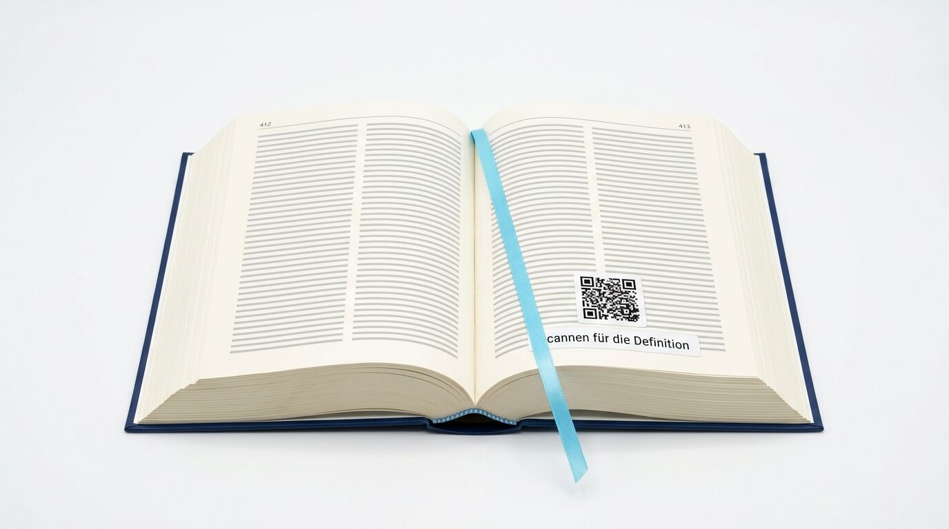 Ein aufgeschlagenes Buch mit einem Lesezeichen-Band und einem QR-Code auf der rechten Seite
