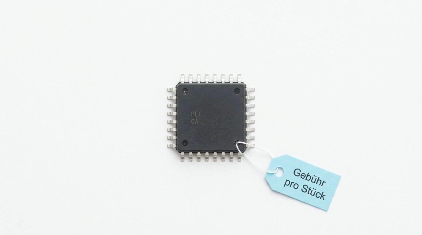 Quad Flat Package-Chip mit Markierung HEC OA und Anhänger 'Gebühr pro Stück'