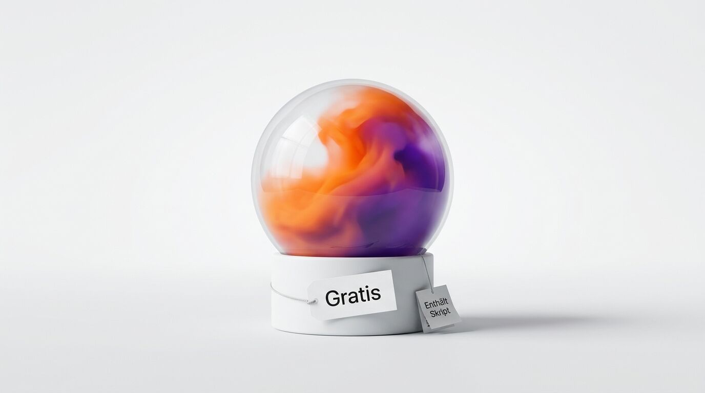 Glaskugel mit Rauch auf Sockel mit Schildern „Gratis“ und „Enthält Skript“