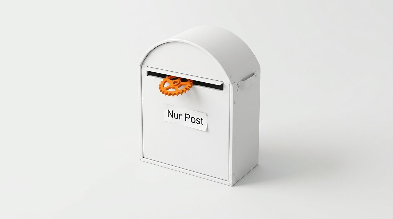 Weißer Briefkasten mit orangefarbenem Zahnrad im Schlitz und Schild „Nur Post“ davor