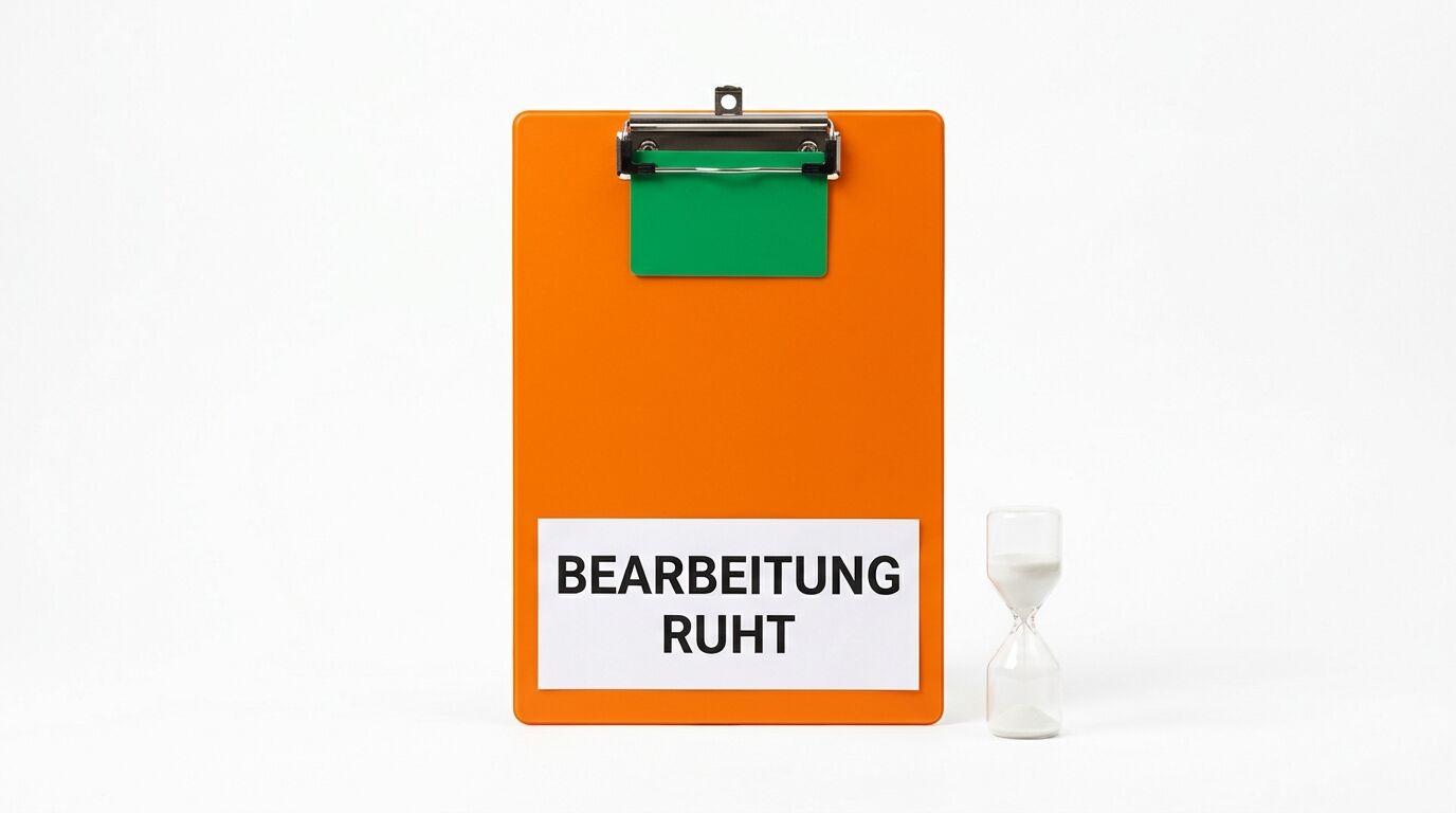 Oranges Klemmbrett mit Zettel „BEARBEITUNG RUHT“ neben Sanduhr auf weißem Hintergrund
