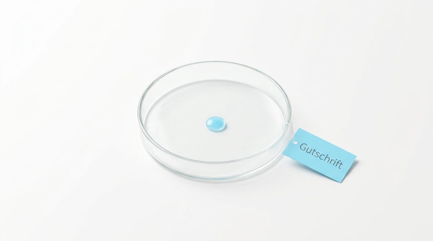 Petrischale mit blauem Tropfen und Schildchen „Gutschrift“ auf weiß