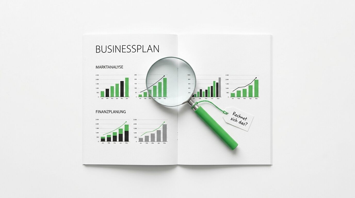 Aufgeschlagenes Businessplan-Dokument mit Marktanalyse und Finanzplanung, Lupe und Notiz "Rechnet sich das?"
