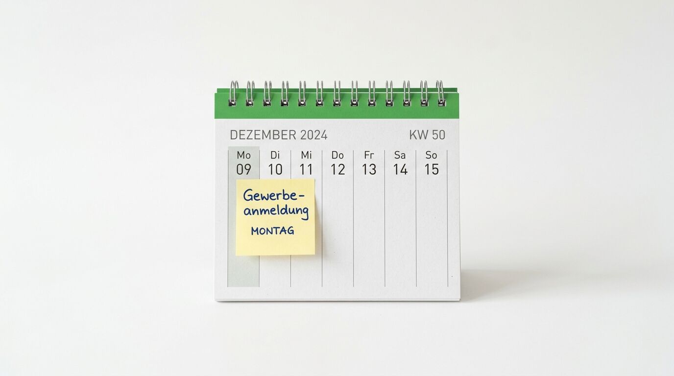 Spiralkalender für Dezember 2024, Woche 50. Gelber Notizzettel markiert "Gewerbeanmeldung MONTAG" auf dem 9. Dezember