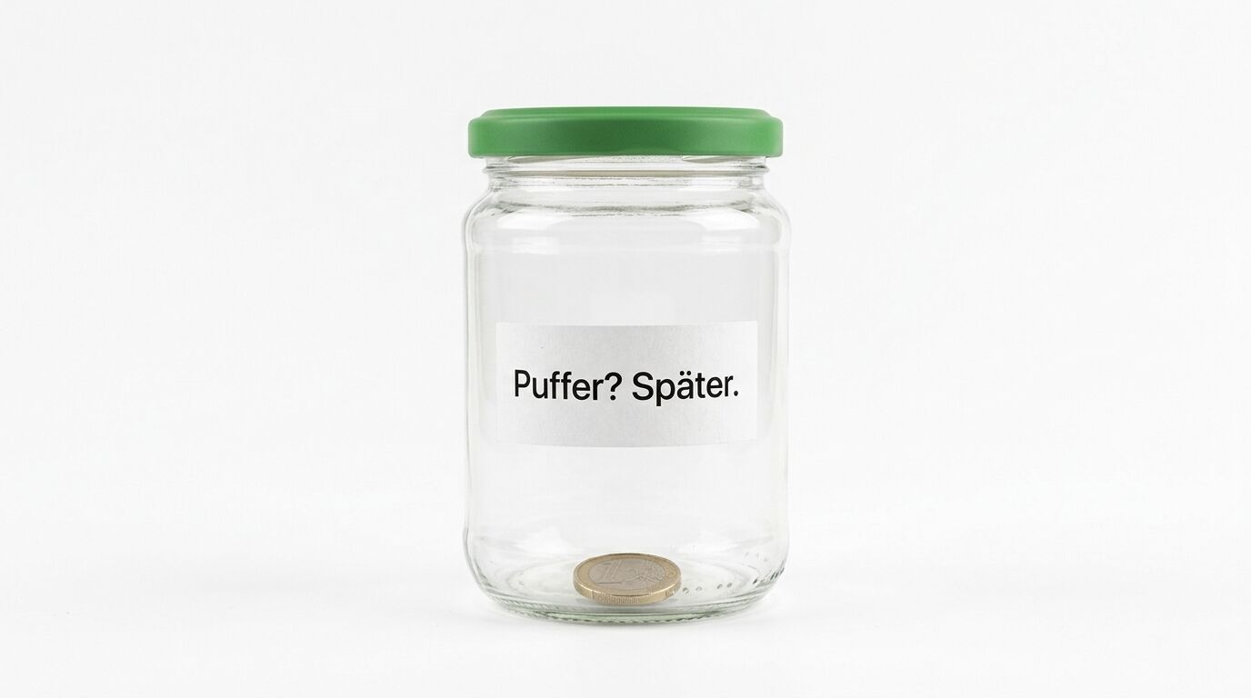 Leeres Glasgefäß mit grünem Deckel, Etikett "Puffer? Später." und einer Münze am Boden