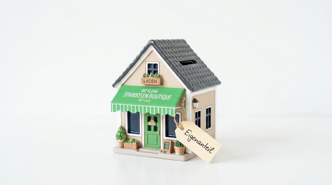 Miniaturhaus mit grüner Markise, beschriftet "Die kleine Spardosen Boutique", mit Etikett "Eigenanfertigung"