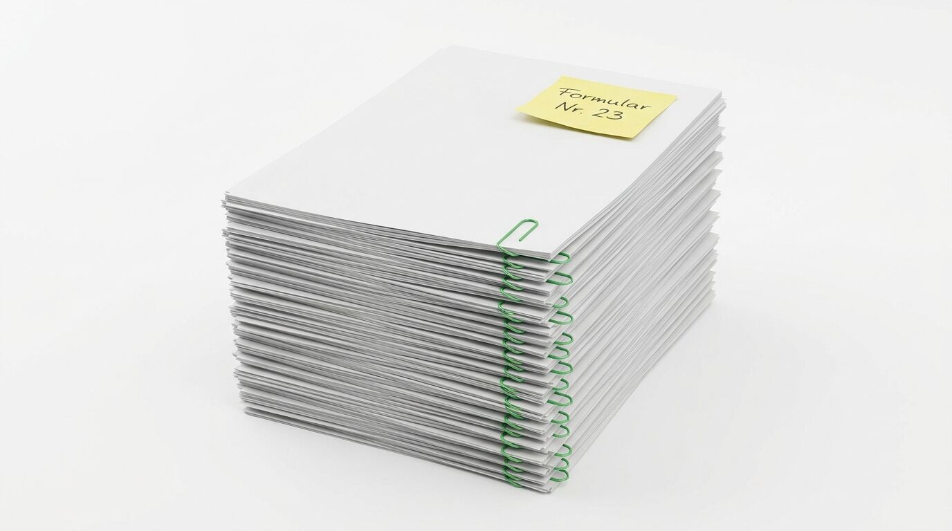 Stapel von Dokumenten mit grünen Büroklammern und gelbem Notizzettel oben mit Aufschrift "Formular Nr. 23"