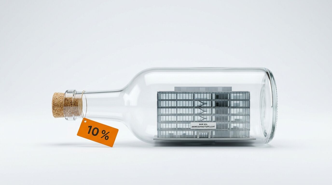 Modell eines modernen Gebäudes in einer Glasflasche, 10-Prozent-Anhänger am Korken