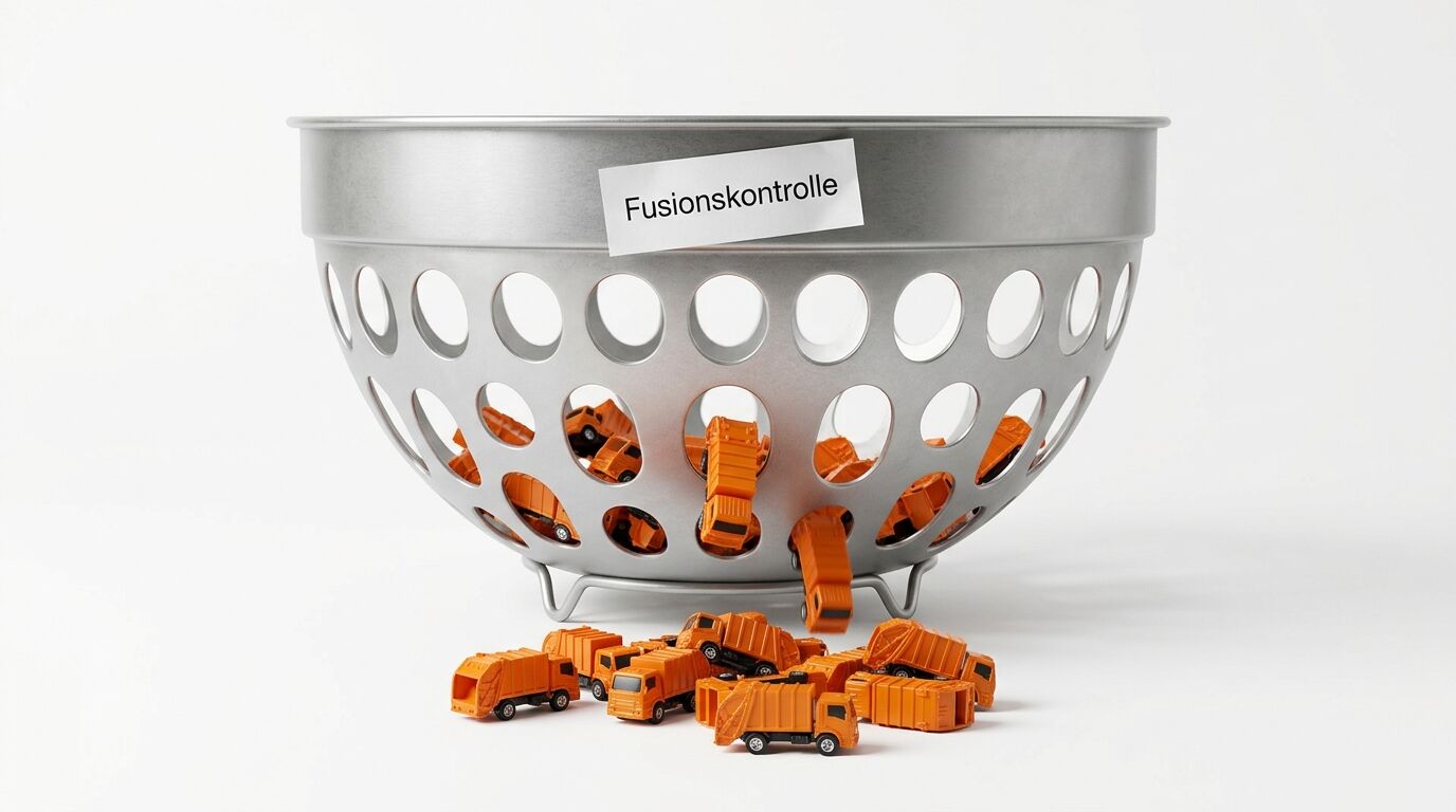Metallsieb mit Spielzeug-LKWs und Aufschrift „Fusionskontrolle“ auf Weiß