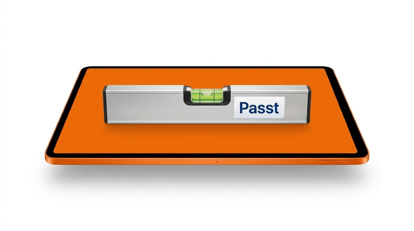 Orange Smartphone mit Wasserwaage-Symbol und "Passt" Text auf dem Display