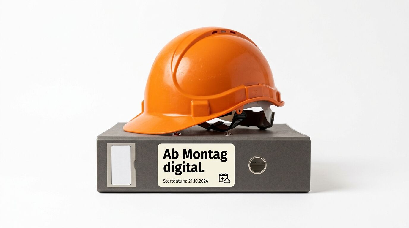 Orangener Schutzhelm auf grauem Ordner mit Etikett "Ab Montag digital" und Startdatum 21.10.2024