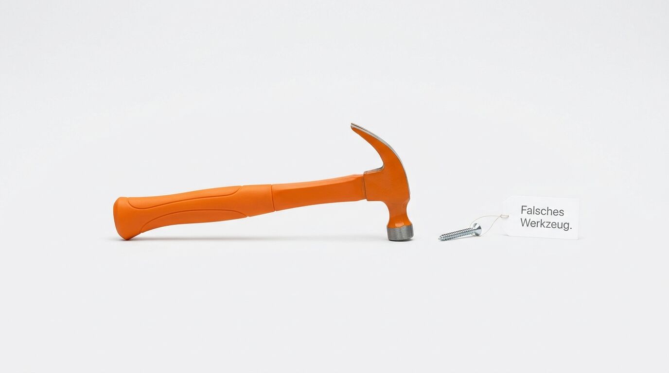 Oranger Hammer mit Kunststoffgriff und Metallkopf neben einer Schraube. Text: "Falsches Werkzeug"