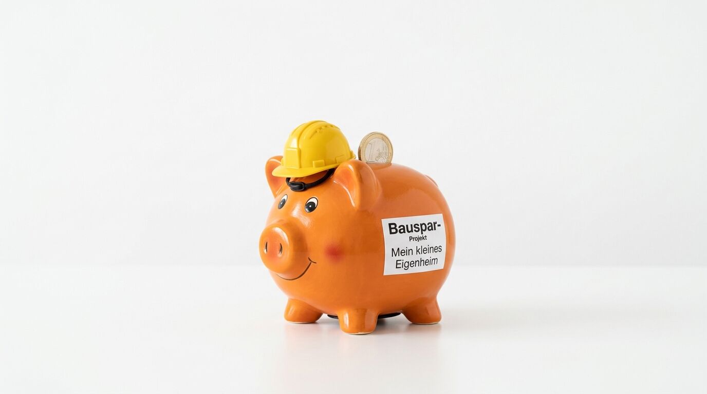 Oranges Sparschwein mit gelbem Helm und Münze, Etikett "Bauspar-Projekt Mein kleines Eigenheim"