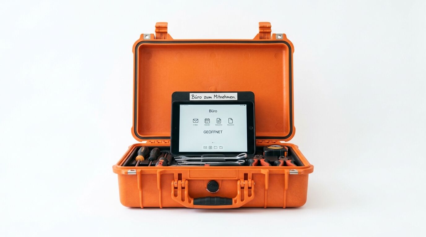 Orange Kunststoffkoffer mit Tablet-Computer und Zubehör, beschriftet "Büro zum Mitnehmen"