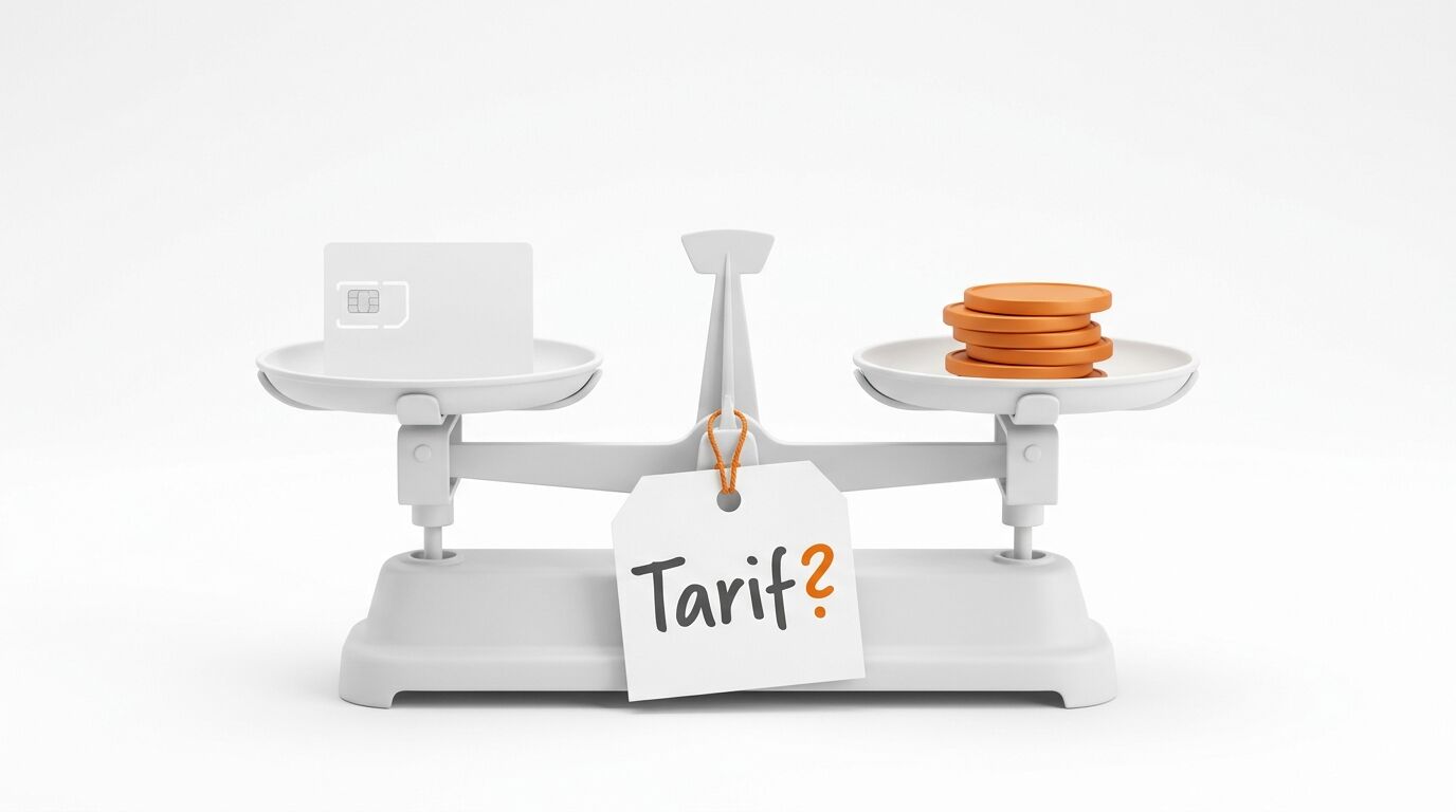 SIM-Karte und Münzen auf Waage mit Etikett „Tarif?“