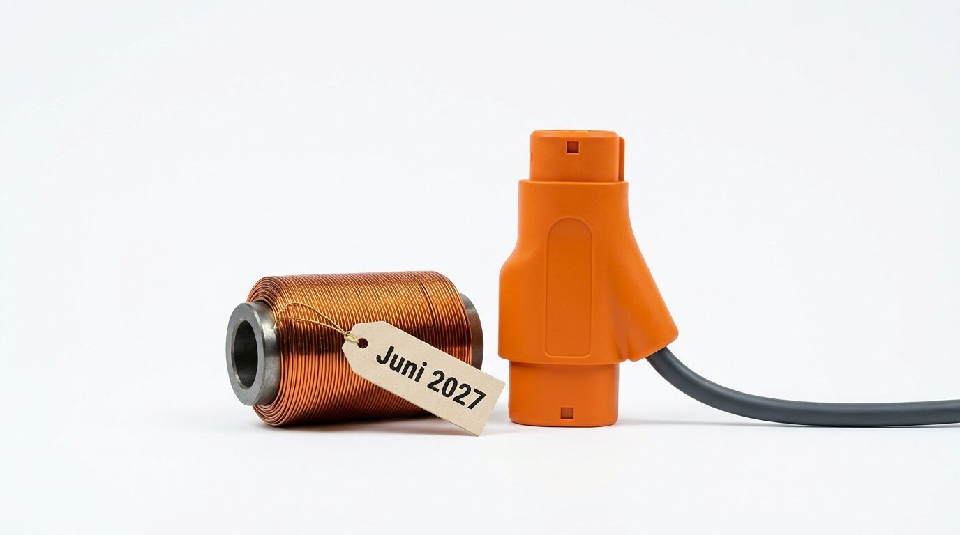 Kupferspule mit Anhänger „Juni 2027“ neben orangefarbenem Stecker auf Weiß