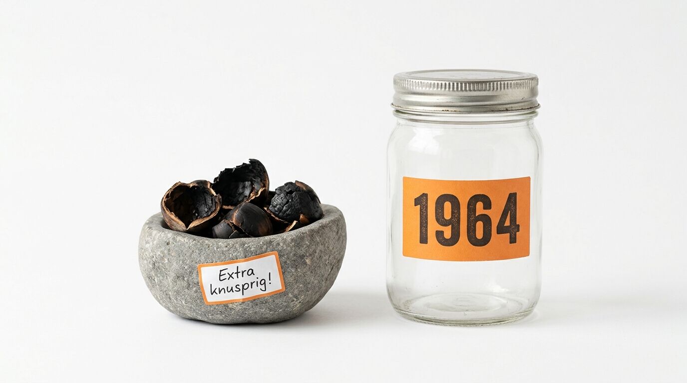 Steinschale mit verbrannten Nüssen („Extra knusprig!“) und leeres Glas („1964“)