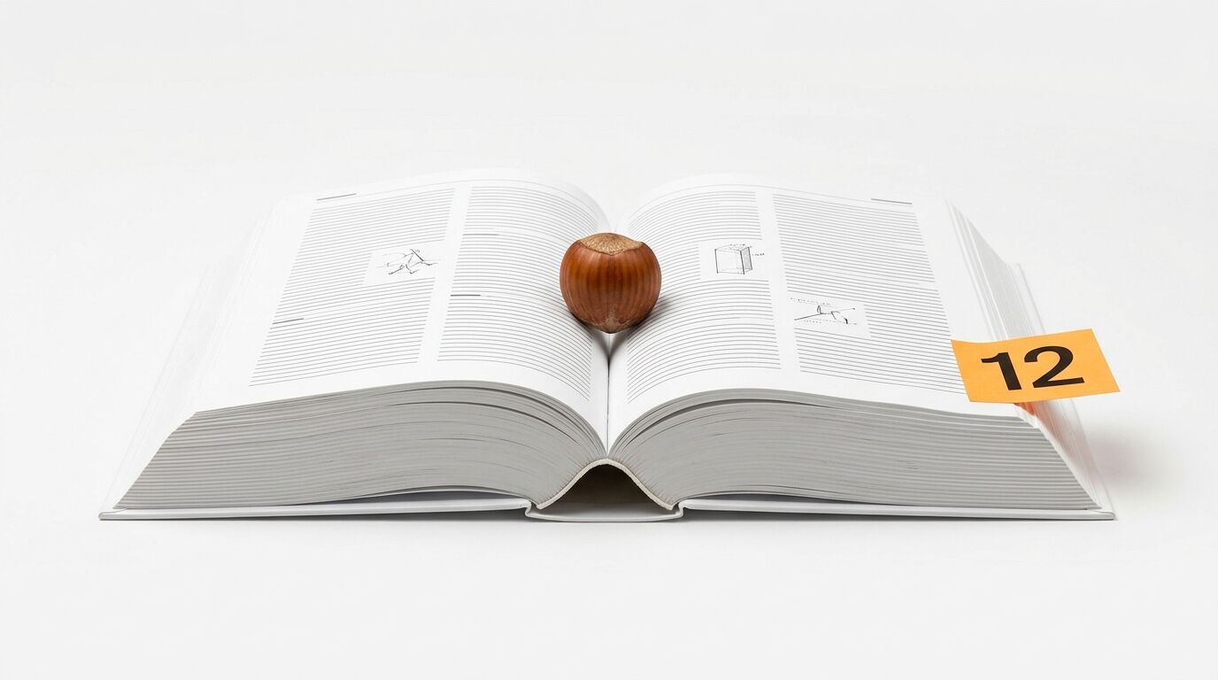 Offenes Buch mit Haselnuss in der Mitte und Notizzettel mit der Zahl 12 rechts