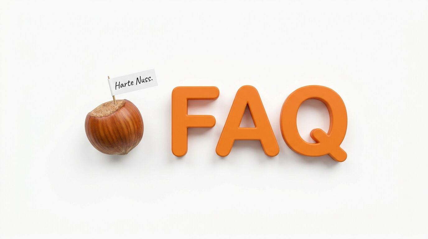 Eine Haselnuss mit dem Fähnchen „Harte Nuss.“ links neben dem orangefarbenen Wort „FAQ“