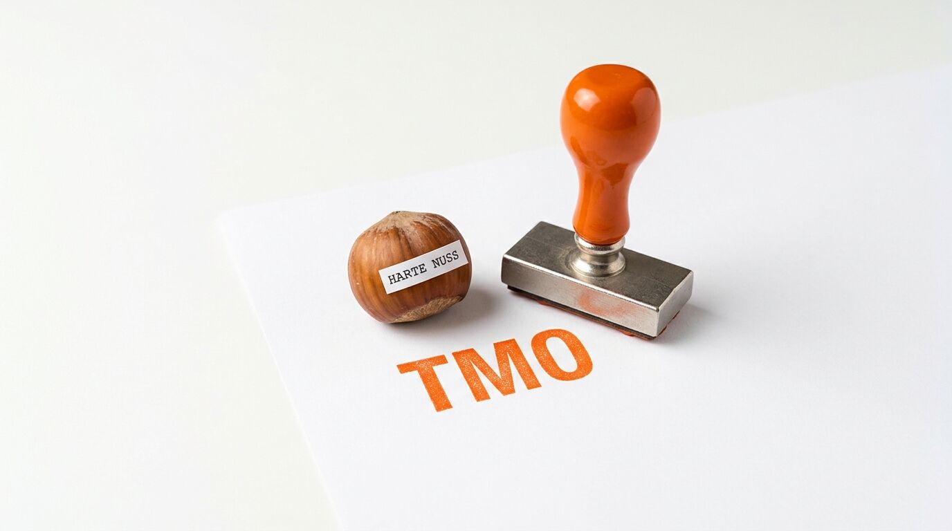 Haselnuss mit Etikett „HARTE NUSS“ und Holzstempel, dazu oranger Stempelabdruck „TMO“