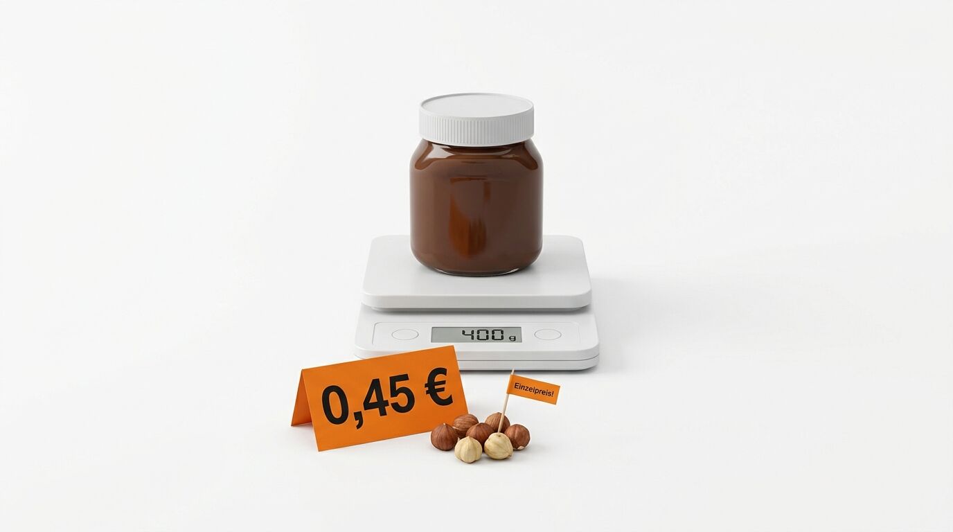 Nuss-Nougat-Cremeglas auf Waage (400g), Preisschild 0,45 € und Haselnüsse