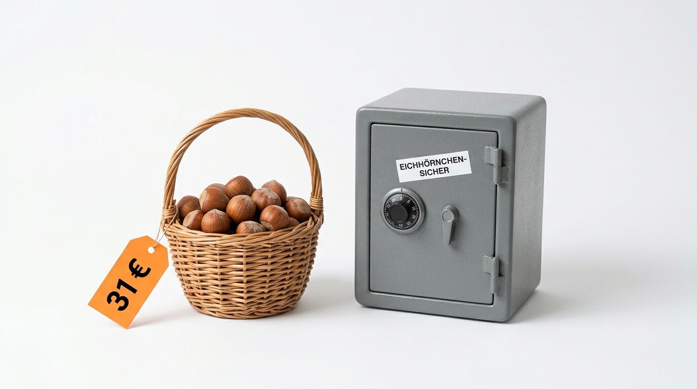 Ein Korb Nüsse mit 31€-Preisschild neben einem Tresor mit Aufschrift „EICHHÖRNCHEN-SICHER“